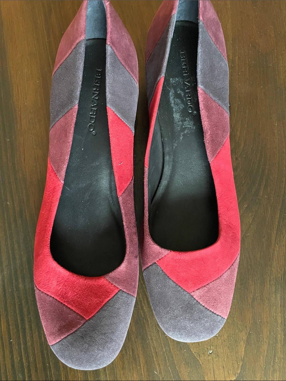 Bernardo Suede Colorblock Flats in Red and Plum and Black